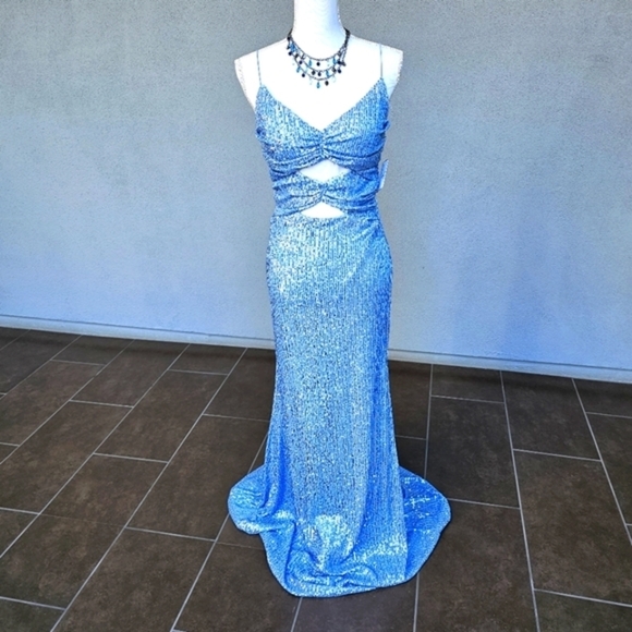 Windsor ✦ Blue Sequin Mermaid Maxi Dress ✦ Sweetheart Cutouts w/ Bungee Straps - Picture 3 of 16